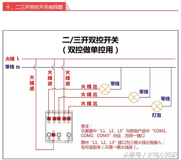 公牛三开双控开关接线图解视频,正泰三开双控三灯怎么接线实物图