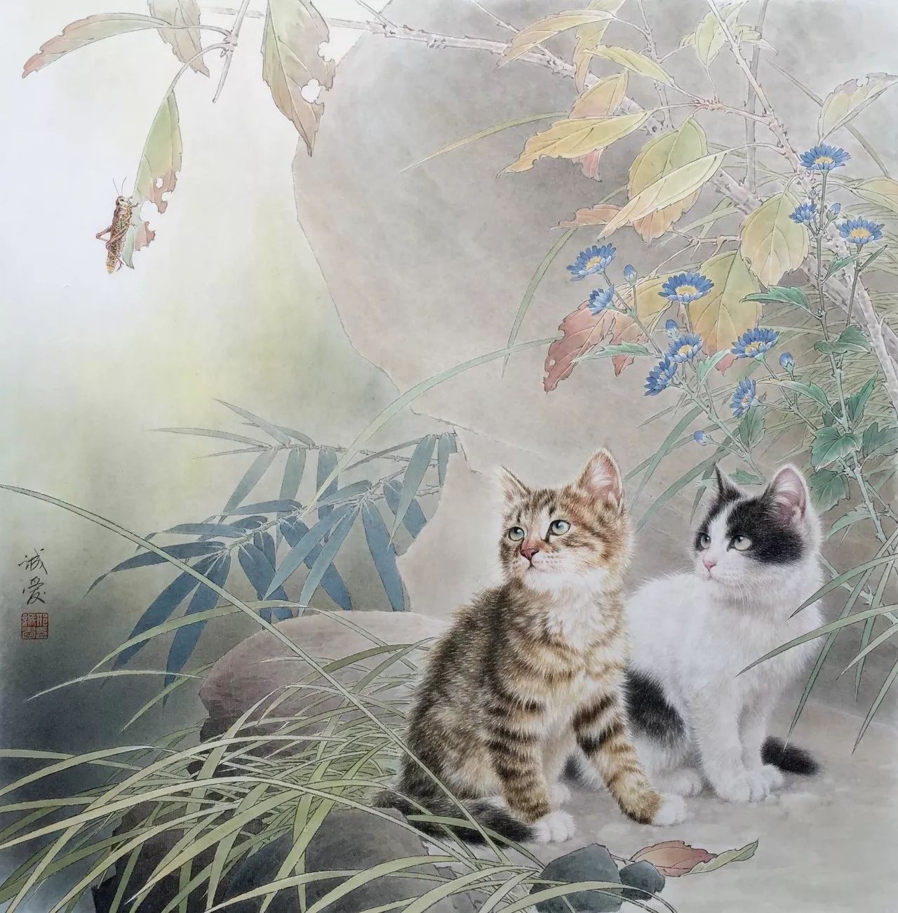 邢诚爱工笔猫扑蝶画法,邢诚爱工笔画猫白描底稿