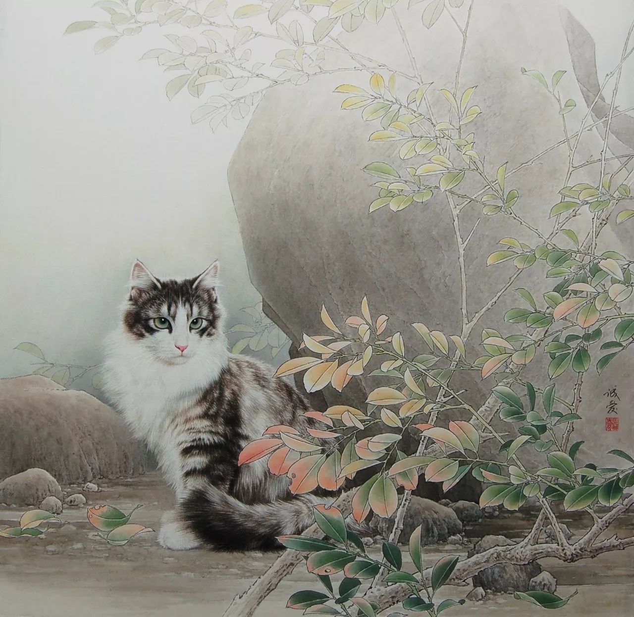 邢诚爱工笔猫扑蝶画法,邢诚爱工笔画猫白描底稿