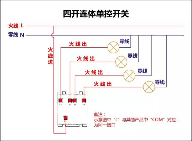 四条线单控开关接线图,单开三控开关的接线方法线路图