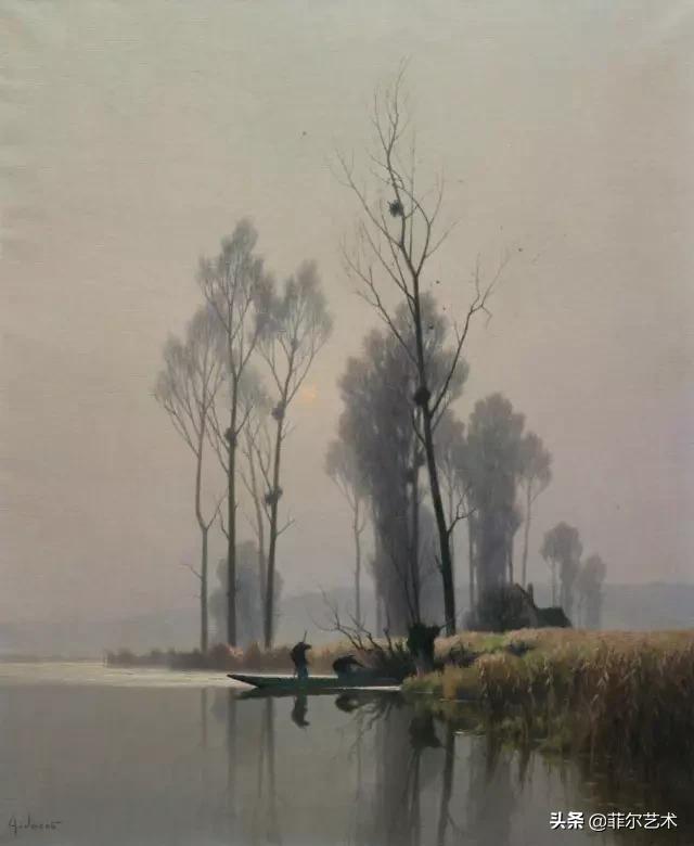 极简油画金色麦田和山,以红蓝为基调的风景油画