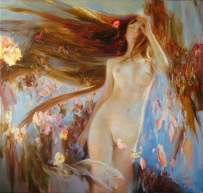 俄罗斯艺术家AydemirSaidov的人体绘画，花间的美丽少女