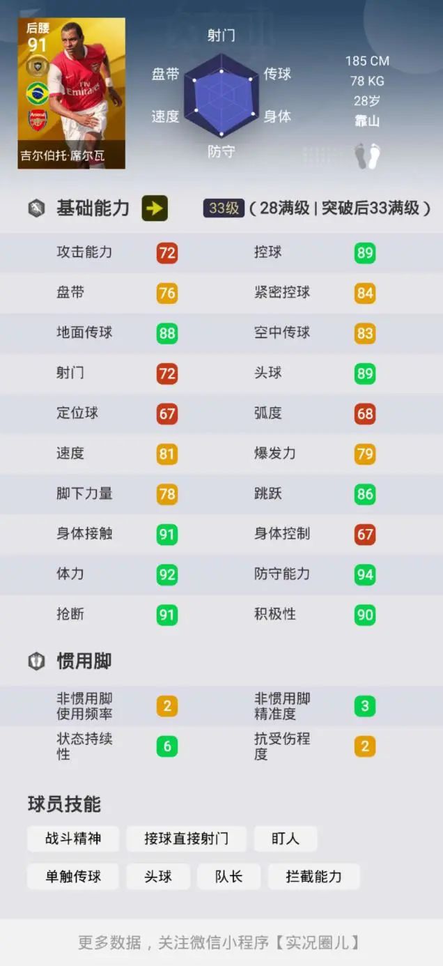 「实况足球」“看不见的墙”——吉尔伯托•席尔瓦测评