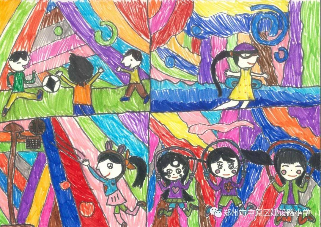 小学生最美校园绘画作品运动场,美好校园领会生活绘画比赛